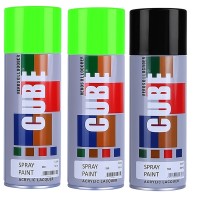 2 fluroscent green and 1 black spray paint