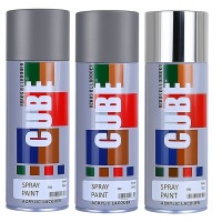 2 medium grey and 1 bright chrome spray paint