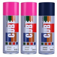 2 pink and 1 dark blue spray paint