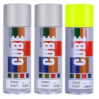 2 silver and fluroscent yellow spray paint