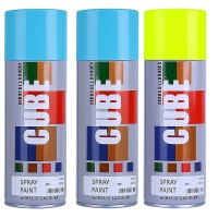 2  sky blue and 1 flourscent yellow spray paint